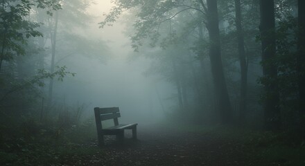 Bench in a Foggy Forest