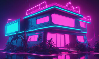 A building with neon lights on its rooftop