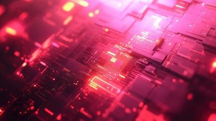 Fototapeta premium Abstract close-up view of a futuristic circuit board, illuminated with vibrant red and orange hues, showcasing intricate details of the technological network