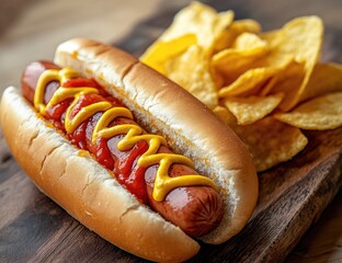 Delicious hot dog with mustard and ketchup, served with tortilla chips