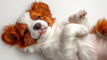 Adorable puppy lying on its back.  Playful,  furry, and  cute