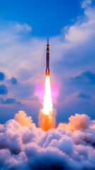 Rocket launch, powerful thrust, clouds of smoke,  ascending