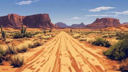 Naklejka premium Desert Road Leading To Distant Mesas Under A Clear Sky. Wild West Landscape.