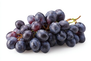 A bunch of dark-purple grapes, glistening with water droplets, sits against a white background.