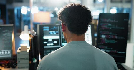 Man, computer and screen with developer coding in office for programming, system update and testing. Back, person and pc for software development, backend script and troubleshooting of app innovation