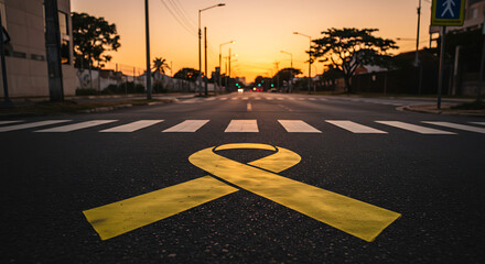 Road with a yellow ribbon painted on the asphalt. Representing awareness of respect for life in traffic.