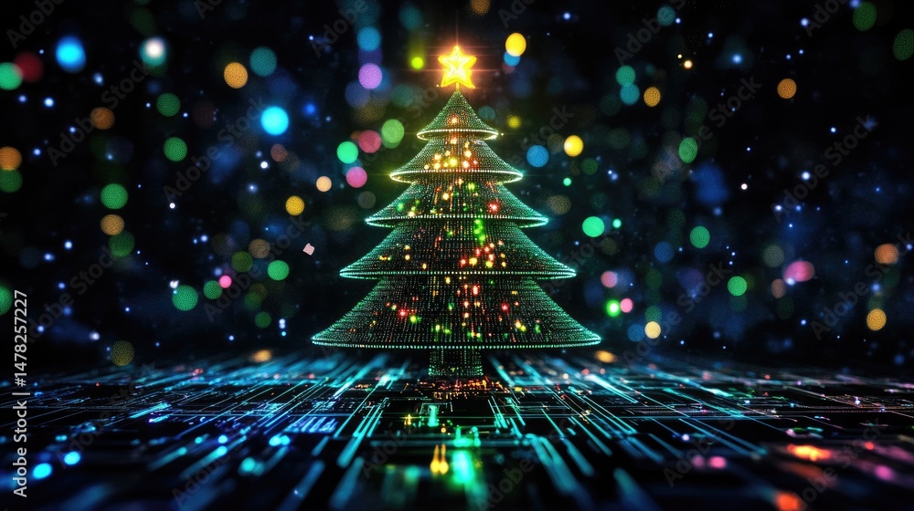 Poster digital christmas tree on an illuminated circuit board with bokeh background. high-tech holiday seas