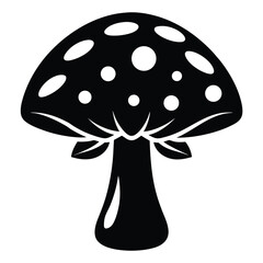 Black & White Graphic of Mushroom with Spots, Stalk, and Leaves Illustration