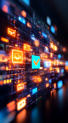 Dynamic digital interface with glowing icons and data streams