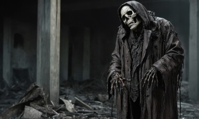 A man in a black robe stands in a ruined building, likely a symbol of decay and neglect