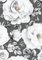 Floral pattern with large white peonies and gray background suitable for wallpapers and textiles