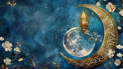 Golden Crescent Moon with Minaret on Blue Night Sky with Flowers