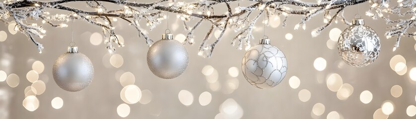 Silver christmas ornaments against a soft background.