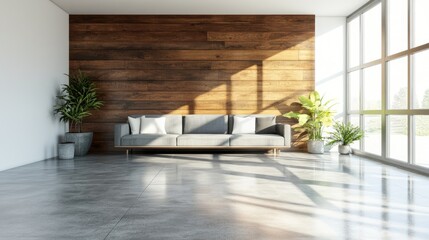Fototapeta premium Modern living room interior with wooden wall and concrete floor.