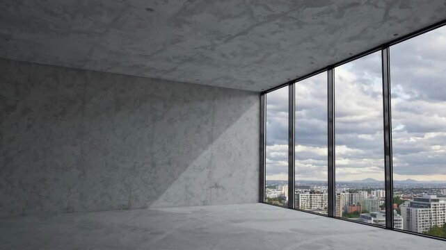 Modern highrise view: cityscape panorama through expansive floortoceiling windows