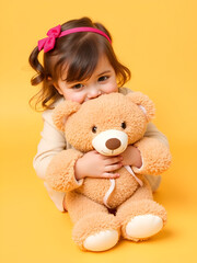 cute little girl holding a teddy bear on a yellow background, hugging