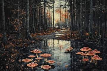 Autumnal forest pool with vibrant mushrooms