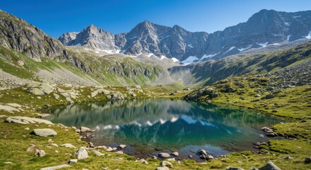 Alpine lake reflecting mountain peaks serenity and natural beauty, with clear sky