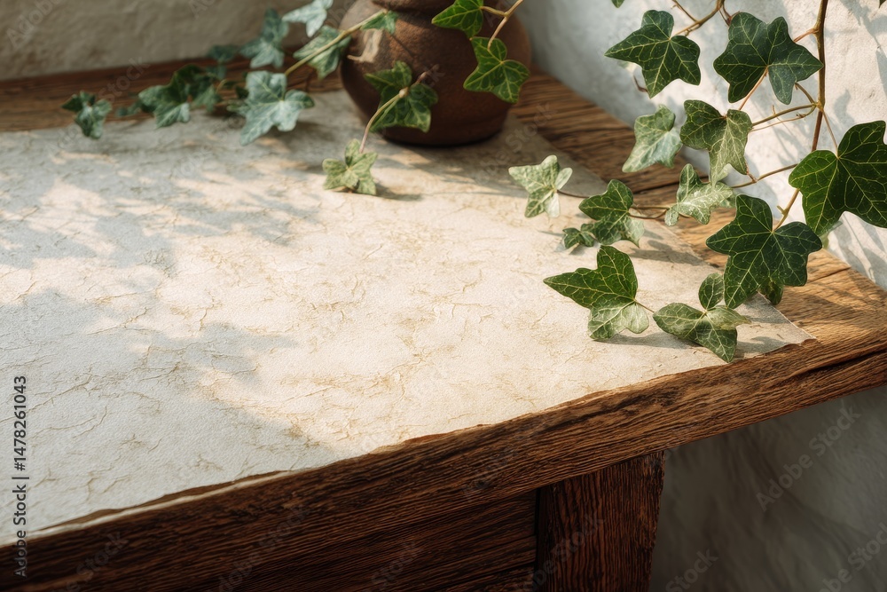 Poster rustic wooden table displaying textured cream-colored surface.