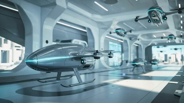 Futuristic Urban Air Mobility Hub with eVTOL Vehicles