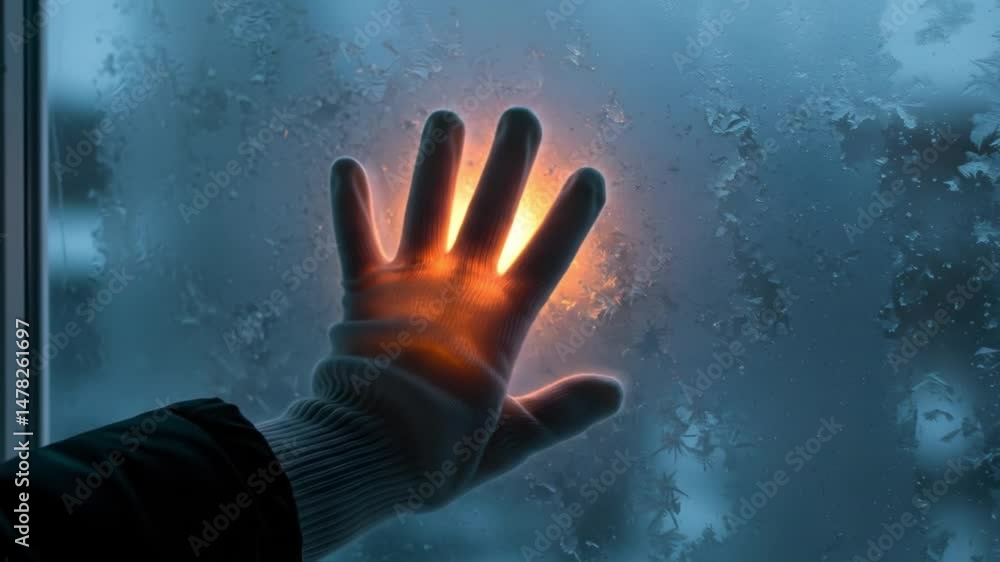 Poster hand pressed against a frosted window with light shining through creating a warm glow in the cold sc