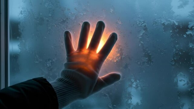 Hand pressed against a frosted window with light shining through creating a warm glow in the cold scene