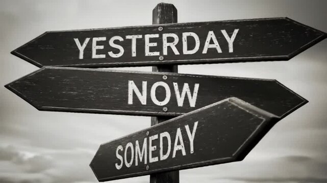 Black and white image of a wooden signpost with yesterday now and someday on a beach landscape view
