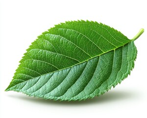 Obraz premium Single, vibrant green leaf detailed with distinct veins on a white background