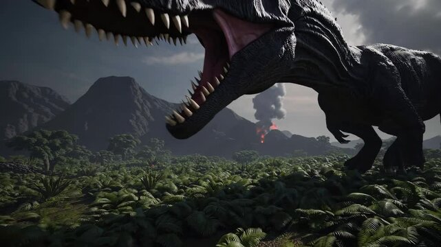 Majestic dinosaur roams vibrant prehistoric jungle amidst volcanic eruption