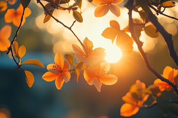 Spring blossoms bathed in golden sunset light