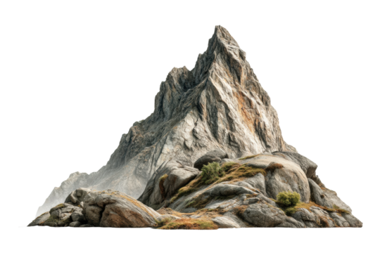 PNG Majestic rocky mountain peak with lush vegetation under clear skies