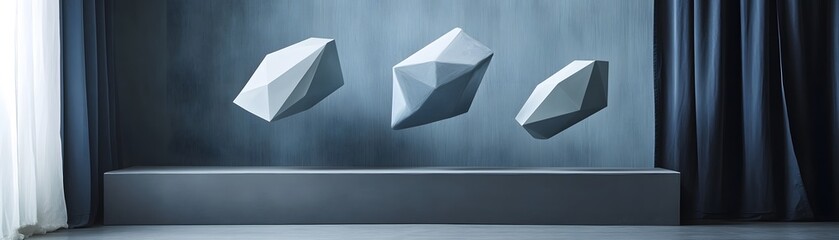 Three abstract geometric shapes against a muted backdrop.
