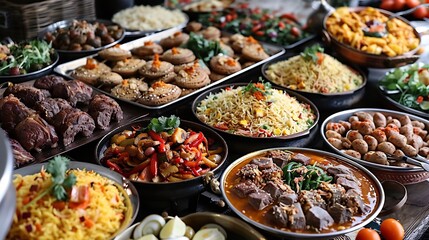 Obraz premium Eid mubarak feast: delicious ramadan food and eid dishes silhouette