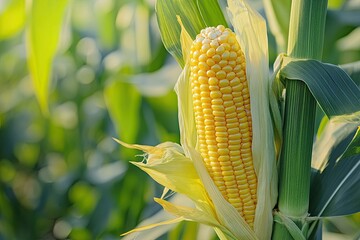 Ripe corn cob nestled within vibrant green leaves
