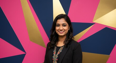 Smiling Woman Posing Against Geometric Wall