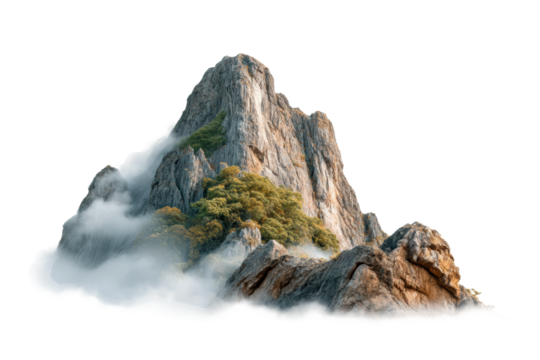 PNG Majestic rocky mountain with lush greenery and misty clouds