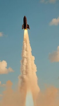 Chocolate rocket launching with smoke and fire against blue sky, whimsical and surreal concept, suitable for creative food ads or kids content, vertical format.