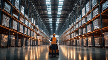 Worker inside a large warehouse.  Aisles filled with packaged goods