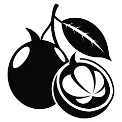 Black Silhouette of Mangosteen Fruit with Leaf and Cross Section Illustration