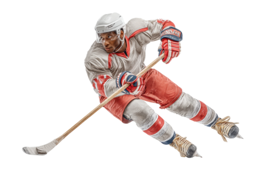 PNG African male ice hockey player in action: young athlete skating with stick and puck