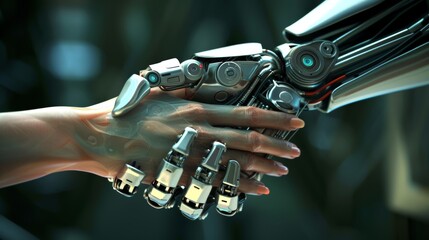 flat design robot handshake with human silver and blue on hands .