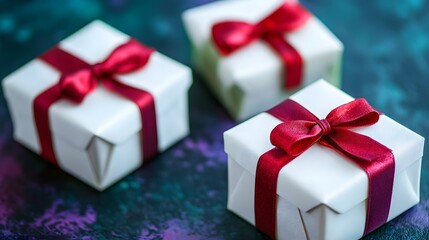 Obraz premium Elegant White Gift Boxes with Red Ribbons Festive Presents