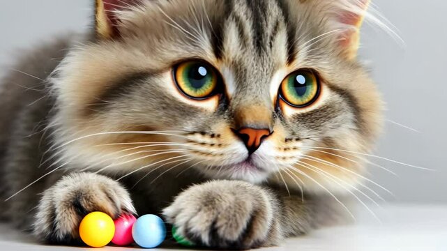 Playful Gaze: A close-up shot of an adorable kitten with striking green eyes fixated on colorful toys.  The kitten's soft fur, combined with the vibrant toys.