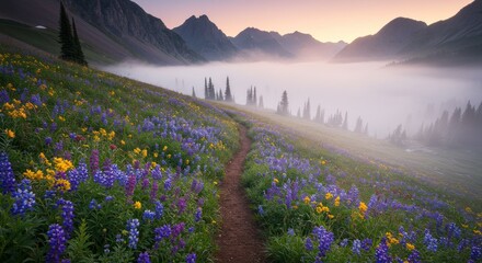 Mountain wildflower meadow trail sunrise landscape