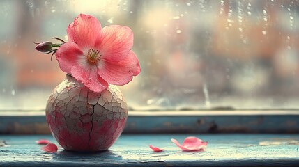 Pink flower in cracked vase, rain at window