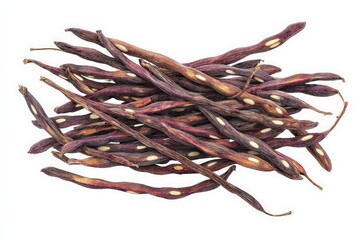 Obraz premium A pile of dried purple beans with creamy white speckles against a white background.