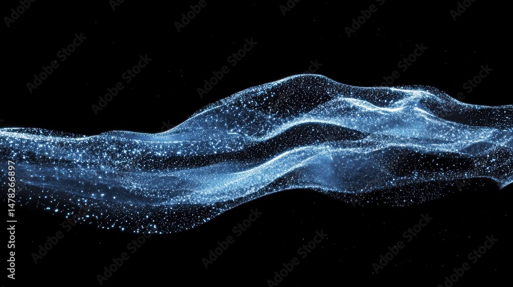 Poster abstract blue particle wave flowing on black background.