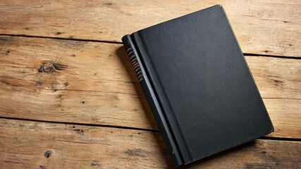 Black Bound Book on Wooden Table: A black hardcover book lies closed on a rustic wooden table, with the spines visible, waiting for a new story to unfold.