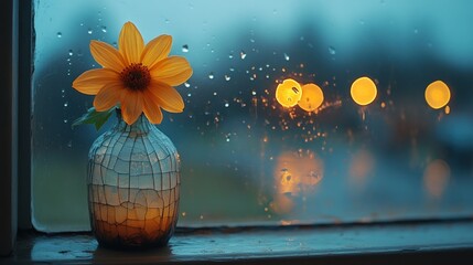 A single vibrant yellow flower in a textured vase sits on a windowsill, bathed in the soft light of a rainy evening