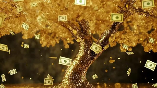 Golden money tree with falling banknotes and coins, symbolizing wealth and prosperity